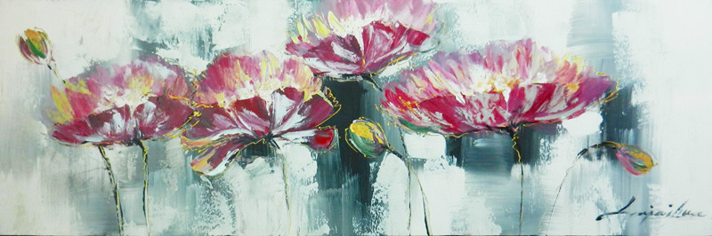 HA058 Wall décor art oil on canvas floral burgundy blue tones